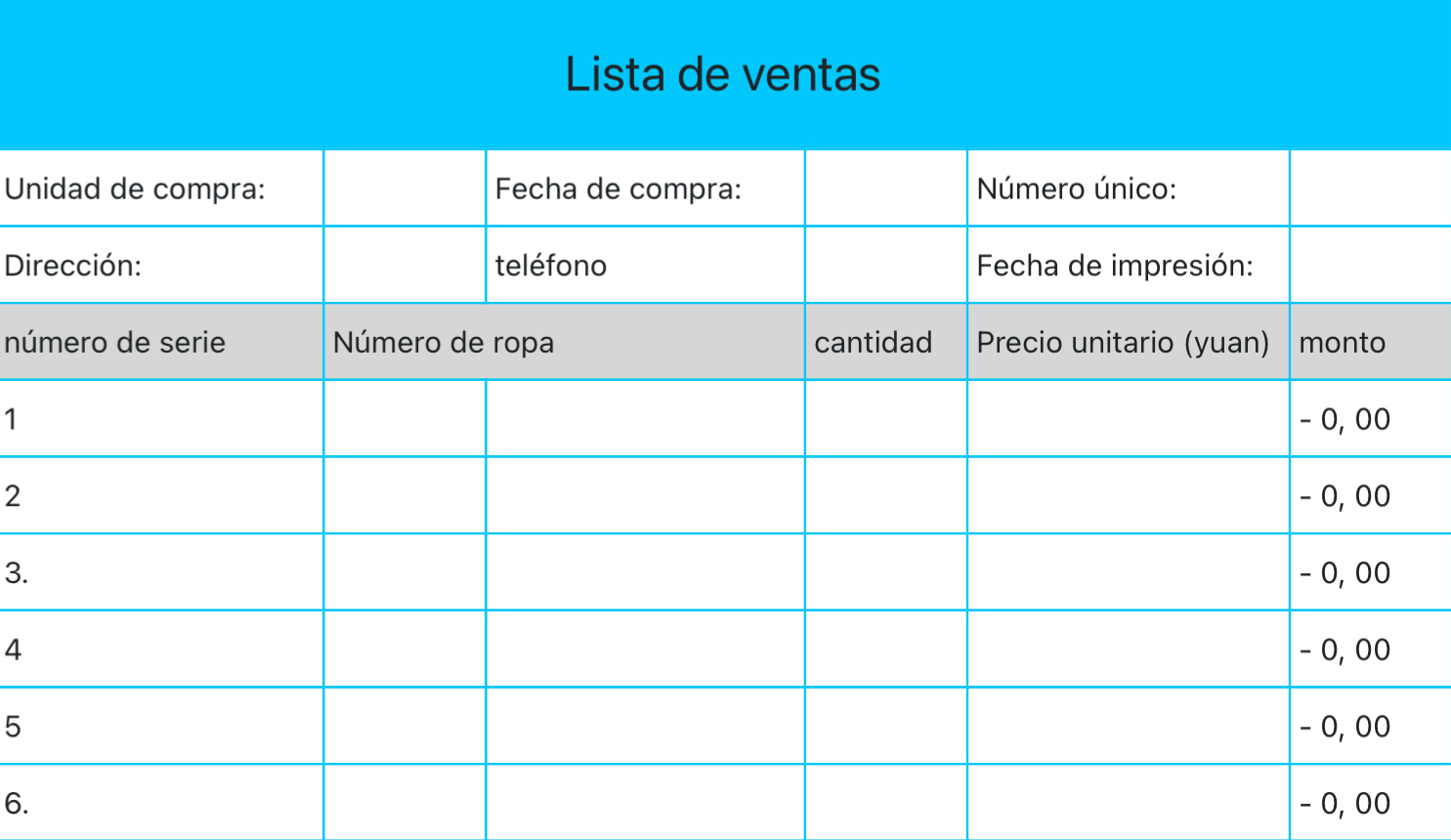 Lista de ventas de prendas de vestir 1